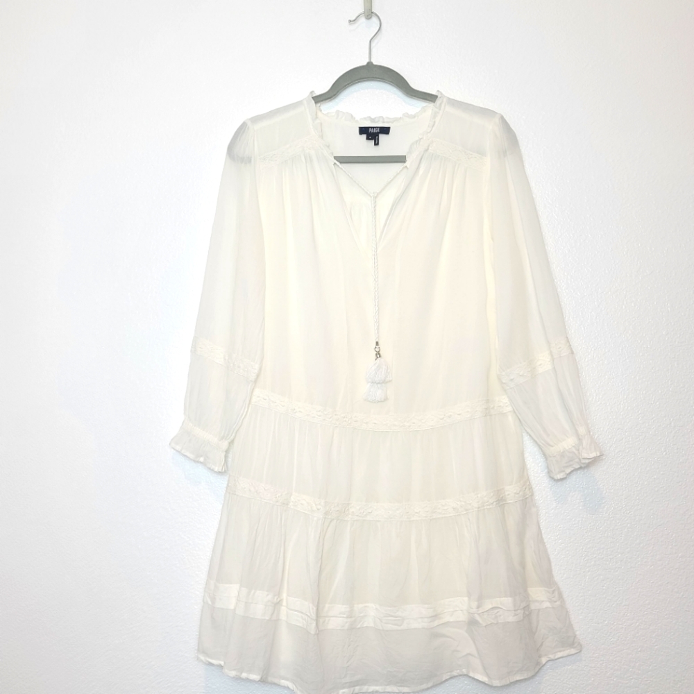 PAIGE Jaslene Long Sleeve Tassels Tiered Mini Dress In White Size Small - Picture 4 of 14
